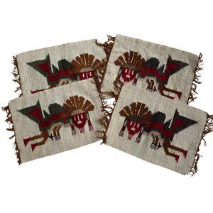 Vintage Handwoven Wool Tapestry rug placemats Set of 4 Inca Tribal Fringed